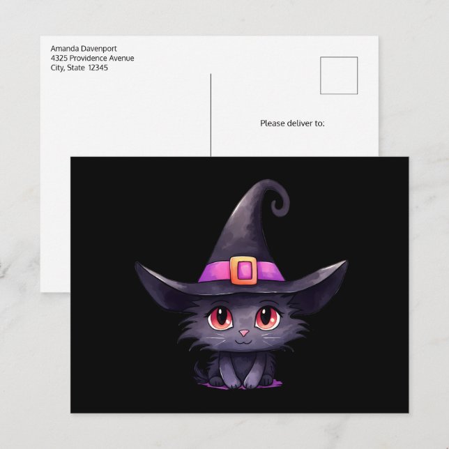 Cute Black Cat Wearing a Witch's Hat Postcard (Front/Back)