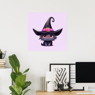 Cute Black Cat Wearing a Witch's Hat Poster