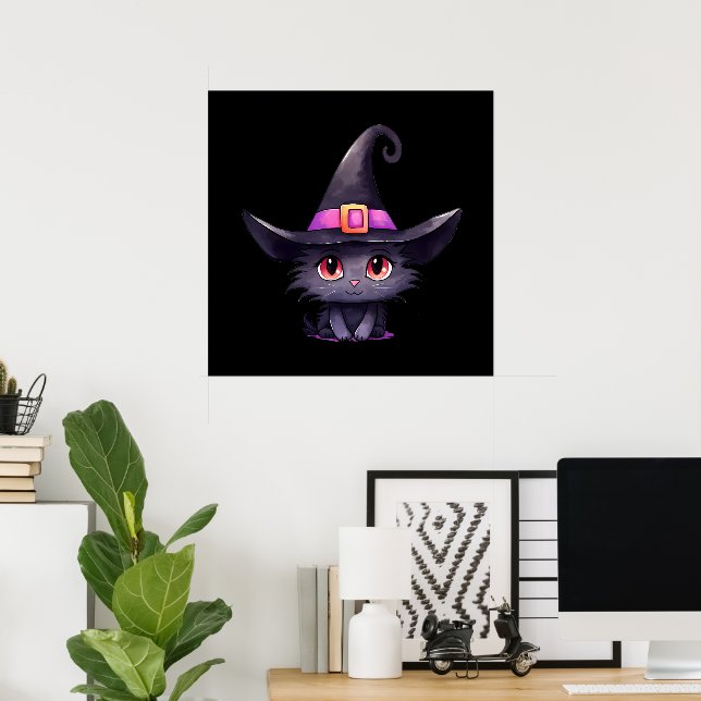 Cute Black Cat Wearing a Witch's Hat Poster (Home Office)