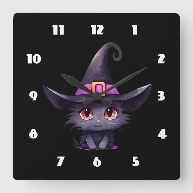 Cute Black Cat Wearing a Witch's Hat Square Wall Clock (Front)
