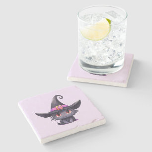 Cute Black Cat Wearing a Witch's Hat Stone Coaster