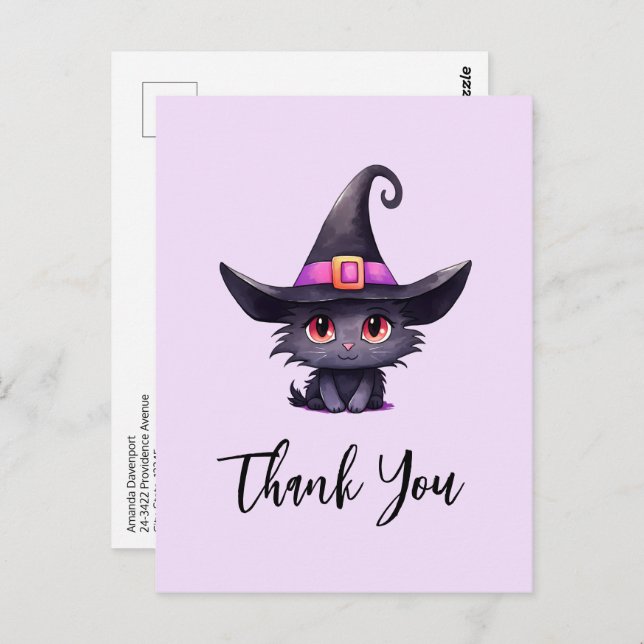 Cute Black Cat Wearing a Witch's Hat Thank You Postcard (Front/Back)