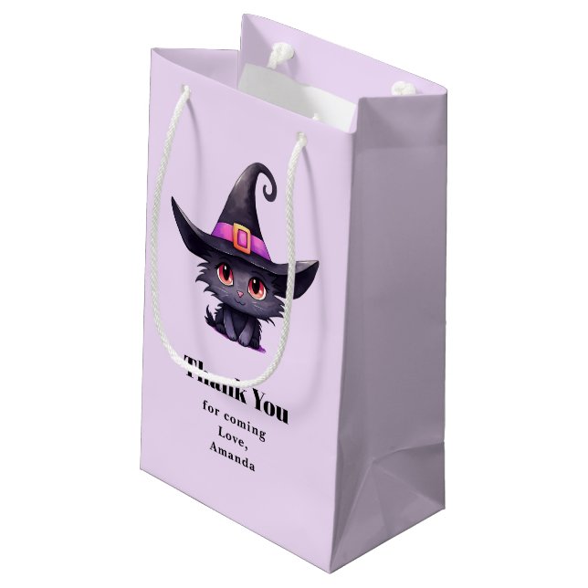 Cute Black Cat Wearing a Witch's Hat Thank You Small Gift Bag (Back Angled)