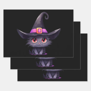 Cute Black Cat Wearing a Witch's Hat Wrapping Paper Sheet