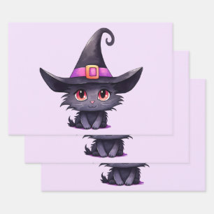 Cute Black Cat Wearing a Witch's Hat Wrapping Paper Sheet