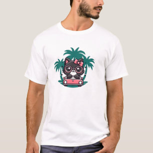 Cute black cat wearing chic glasses and drive car T-Shirt
