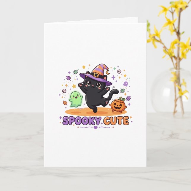 Cute Black Cat Witch Halloween Card (Yellow Flower)