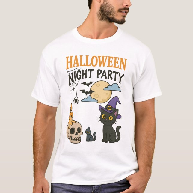 Cute Black Cat Witch Halloween Night Party T-Shirt (Front)