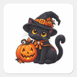 Cute Black Cat Witch Halloween Pumpkin Square Sticker