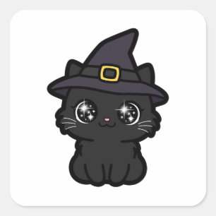 Cute Black Cat Witch Halloween Square Sticker
