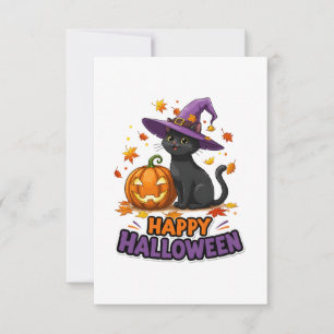 Cute Black Cat Witch Happy Halloween Pumpkin Thank You Card