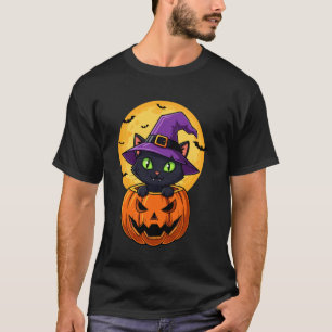 Cute Black Cat Witch Hat in Pumpkin Women Men Kids T-Shirt