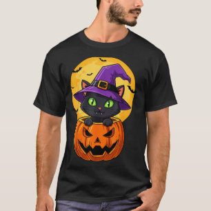 Cute Black Cat Witch Hat In Pumpkin Women Men Kids T-Shirt