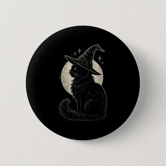 Cute Black Cat Witch Hat Moon Retro Coquette Boho  6 Cm Round Badge (Front)