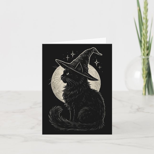 Cute Black Cat Witch Hat Moon Retro Coquette Boho  Card (Front)