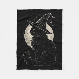 Cute Black Cat Witch Hat Moon Retro Coquette Boho Fleece Blanket