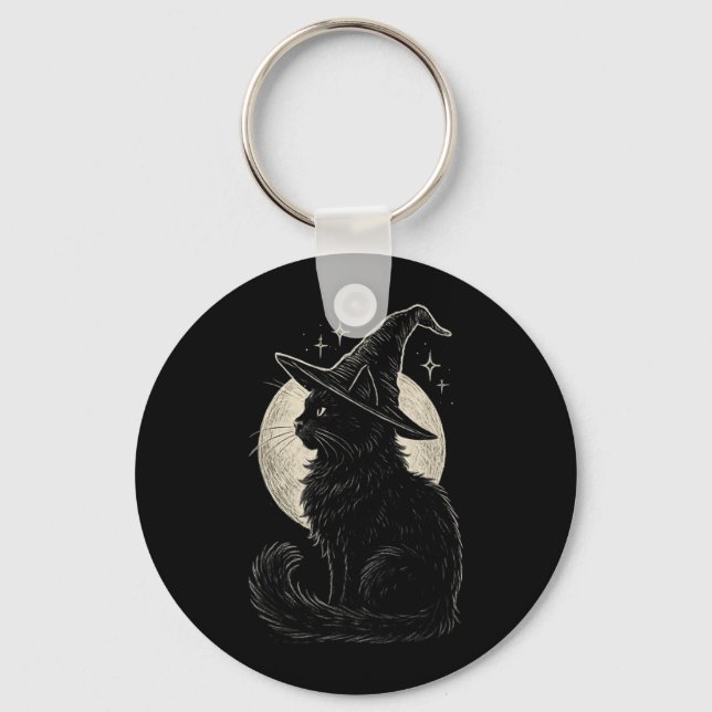 Cute Black Cat Witch Hat Moon Retro Coquette Boho Key Ring (Front)