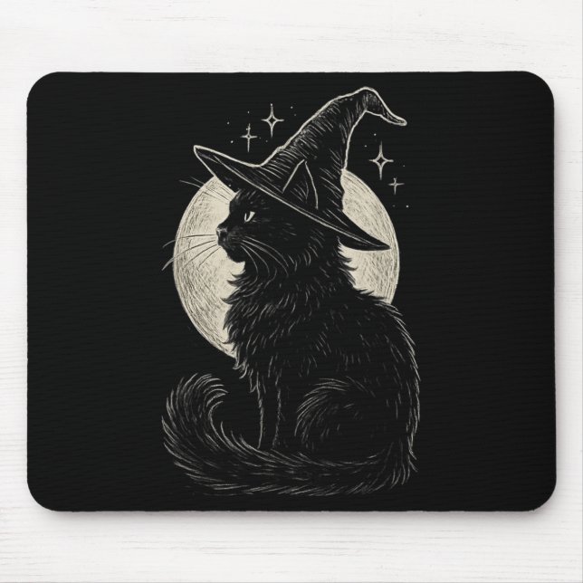 Cute Black Cat Witch Hat Moon Retro Coquette Boho  Mouse Pad (Front)