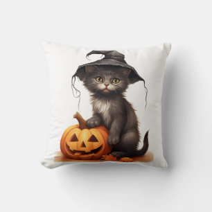 Cute Black Cat Witch Hat Pumpkin Halloween Costume Cushion