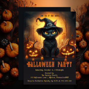 Cute Black Cat Witch Hat Pumpkin Halloween Party Invitation