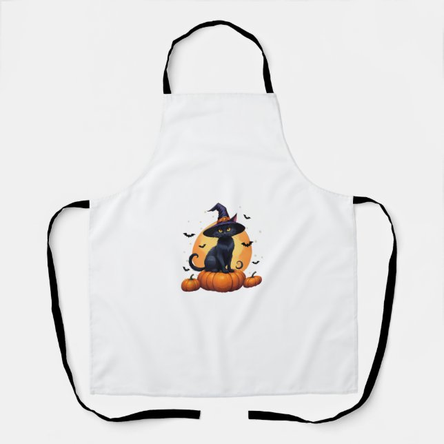 Cute Black Cat Witch Hat Pumpkin Moon Halloween Pe Apron (Front)