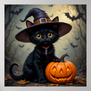 Cute Black Cat Witch Hat Spooky Halloween Poster