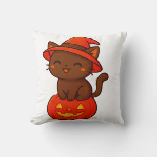 Cute Black Cat Witch on Pumpkin Halloween Cushion
