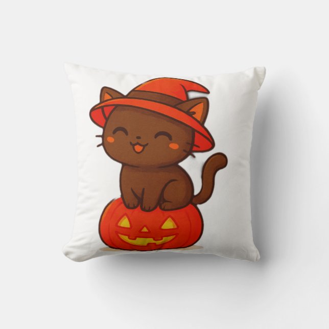 Cute Black Cat Witch on Pumpkin Halloween Cushion (Front)