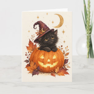 Cute Black Cat Witch Pumpkin Halloween Card