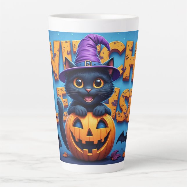 Cute Black Cat Witch Pumpkin Halloween 🐈‍⬛ Latte Mug (Front)