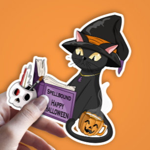 Cute Black Cat Witch Reading Spell Book Halloween