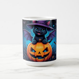 Cute Black Cat Witch Sitting on Jack O Lantern Coffee Mug