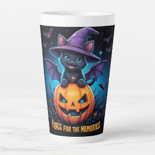 Cute Black Cat Witch Sitting on Jack O Lantern Latte Mug
