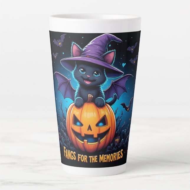 Cute Black Cat Witch Sitting on Jack O Lantern Latte Mug (Front)