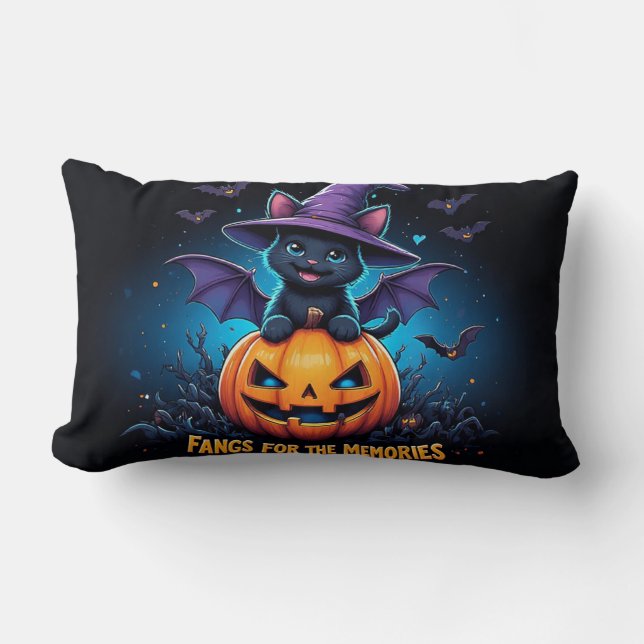 Cute Black Cat Witch Sitting on Jack O Lantern Lumbar Cushion (Front)