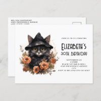 Cute Black Cat Witch's Hat Birthday Invitation