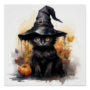 Cute Black Cat with a Big Black Hat Poster