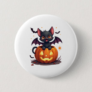 Cute Black Cat With Bat Wings Jack O Lantern Kitty 6 Cm Round Badge