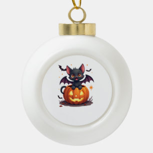 Cute Black Cat With Bat Wings Jack O Lantern Kitty Ceramic Ball Christmas Ornament