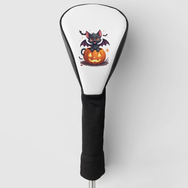 Cute Black Cat With Bat Wings Jack O Lantern Kitty Golf Head Cover (Front)