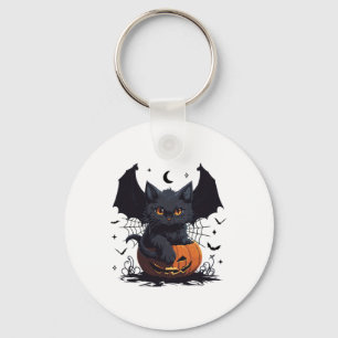 Cute Black Cat With Bat Wings Jack O Lantern Kitty Key Ring