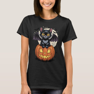 Cute Black Cat With Bat Wings Jack O Lantern Kitty T-Shirt