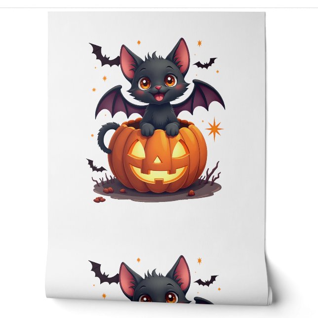 Cute Black Cat With Bat Wings Jack O Lantern Kitty Wallpaper (Unrolling)