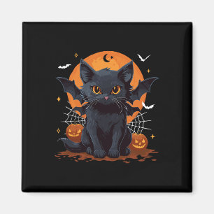 Cute Black Cat With Bat Wings Pumpkin Women Men Ha Magnet