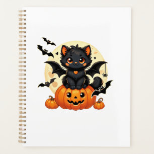 Cute Black Cat With Bat Wings Pumpkin Women Men Ha Planner