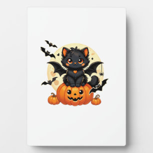 Cute Black Cat With Bat Wings Pumpkin Women Men Ha Plaque