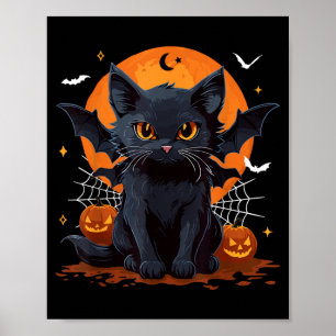 Cute Black Cat With Bat Wings Pumpkin Women Men Poster