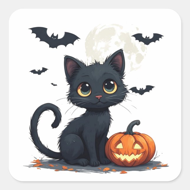 Cute Black Cat With Bats Halloween 🎃 Square Sticker (Front)