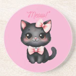 Cute Black Cat with Bow for Halloween Decoration Coaster