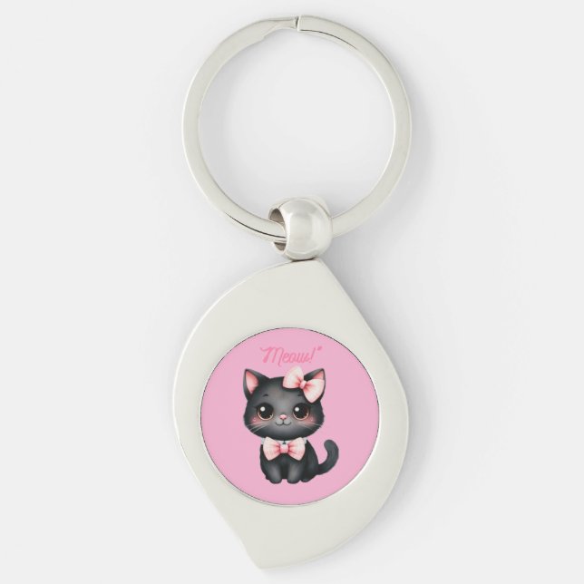 Cute Black Cat with Bow for Halloween Decoration Key Ring (Front)